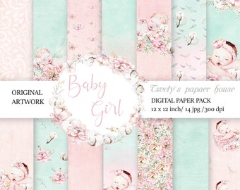 May include: A digital paper pack with 14 designs featuring a baby girl sleeping in a floral wreath, cotton blossoms, and a light blue and pink color scheme. The text "Baby Girl" is in a white circle with a pink outline. The text "Tsvety's papaer house" and "DIGITAL PAPER PACK" is in black text. The text "12 x 12 inch/ 14 jpg/300 dpi" is in black text.