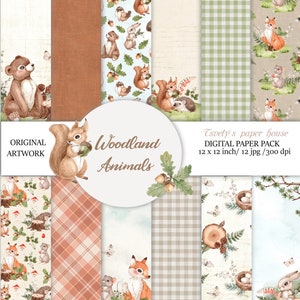 Acquerello Carino pacchetto di carta digitale Woodland, Orso, Volpe, Rabit, Modello di animale bambino, asilo nido, Piccolo uso commerciale, carino