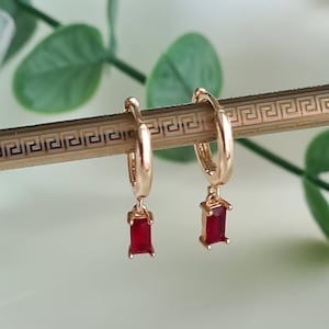 18K Gold plated huggie hoop earrings. Red zircon huggies. Dainty earrings. Hypoallergenic. Gift for her