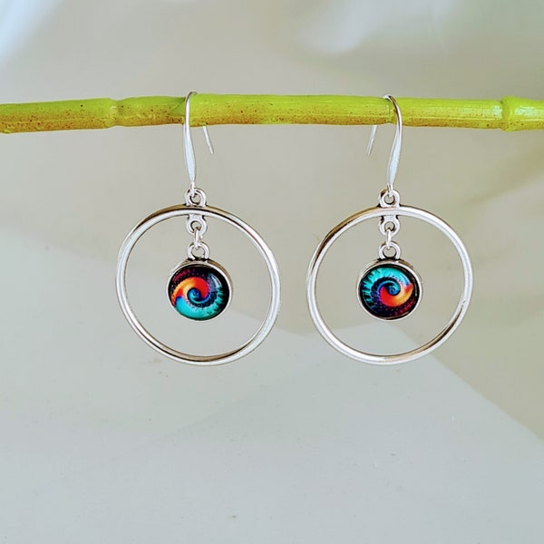 Pretty silver earrings with colourful glass setting and sterling silver earring hooks. Unique design. Hypoallergenic. Gift for her