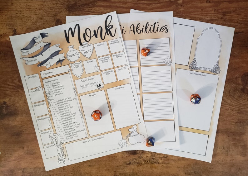 Printable Monk D&amp;D 5e Character Sheet - Etsy