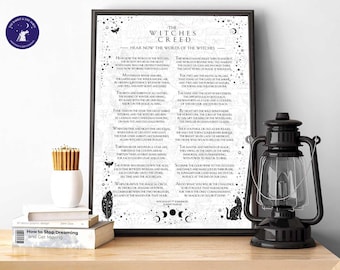 May include: Black and white printable poster with the text "The Witches Creed" and a poem about the beliefs of witches. The poster is decorated with stars, moons, and feathers.