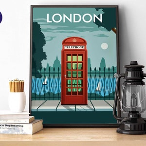 London Calling - Impresión A4/A3, Tarjeta de felicitación, Impresión, Impresión enmarcada, Póster de viaje vintage, Inglaterra, Londres, Reino Unido, Cabina telefónica, Támesis, Minimalista