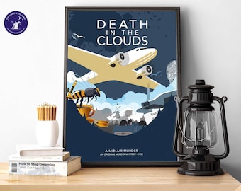 May include: A vintage-style poster with a blue background and a white airplane flying through clouds. The poster has the text "DEATH IN THE CLOUDS" and "A MID-AIR MURDER" in white. The poster also has a bee, a cup of tea, and a city skyline.