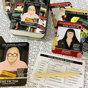 Assassinato no Arconia - Bunny Folger - Apenas jogo de cartas inspirado em assassinatos - Mistério de assassinato, Mabel, Oliver, Charles, Arconia, Podcast