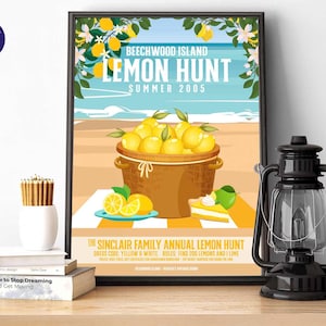Beechwood Island - Lemon Hunt - Impression A4/A3, encadré, carte, affiche, télévision, menteurs, été 8, Sinclair, citron, citron vert, Gat, cadence, Johnny, Mirren