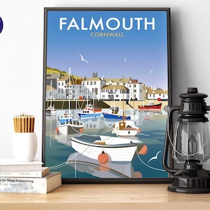 Falmouth Cornwall - A4/A3-print, wenskaart, print, ingelijste print, vintage reisposter, Engeland, zee, boten, kust minimalistisch