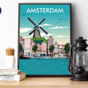 Ámsterdam - Impresión A4/A3, Tarjeta de felicitación, Impresión, Impresión enmarcada, Póster de viaje vintage, Países Bajos, Molino de viento, Río, Europa, Minimalista