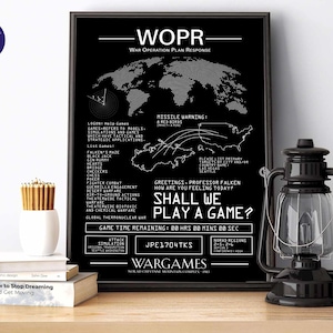 Design inspirerad av krigsspel - Ska vi spela ett spel? - A4-tryck, inramade tryck, kort, filmaffisch, 1980-tal, retro, WOPR, Falkens labyrint, dator