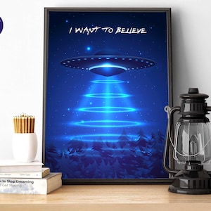 OVNI - Quiero creer - Láminas A4/A3, tarjetas de felicitación, lámina enmarcada, póster, póster retro, platillo volador, Roswell, extraterrestres, Expediente X
