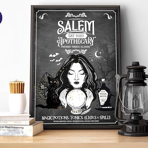 Apothicairerie de Salem - Poster, Impression A4 A3, Impression encadrée, Décoration d'Halloween, Carte de voeux, Magie, Sorcière, Wicca, Salem, Chat noir, Elixiar