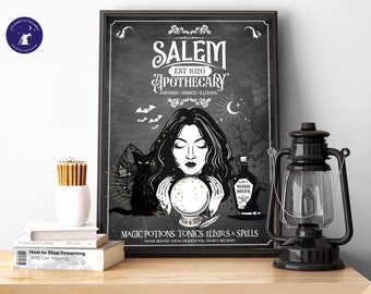 Salem Apothecary - Póster, Impresión A4 A3, Impresión enmarcada, Decoración de Halloween, Tarjeta de felicitación, Magia, Bruja, Wiccan, Salem, Gato negro, Elixiar