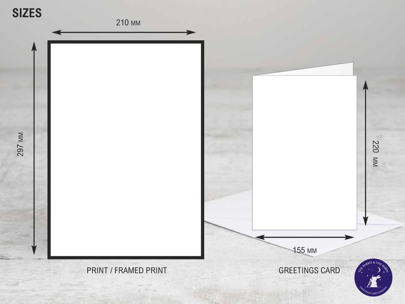 Puede incluir: Una impresi&oacute;n o impresi&oacute;n enmarcada de 29,7 cm x 21 cm, y una tarjeta de felicitaci&oacute;n de 22 cm x 15,5 cm. La imagen muestra los tama&ntilde;os de los productos.
