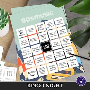 May include: A teal 80s music bingo game card with song titles like "Purple Rain" and "Thriller." The card features a retro cassette tape design and the text "BINGO NIGHT."