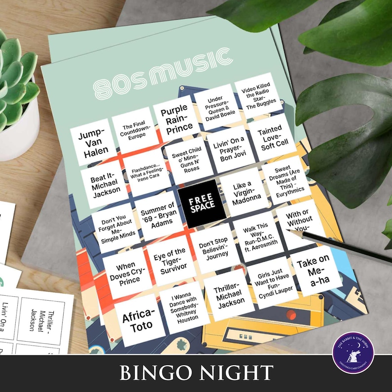 May include: A teal 80s music bingo game card with song titles like "Purple Rain" and "Thriller." The card features a retro cassette tape design and the text "BINGO NIGHT."