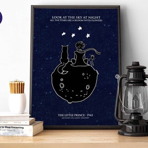 Les étoiles du Petit Prince, design inspiré - Impressions A4, impressions encadrées, carte, poster, livre, film, rose, renard, prince, terre, étoiles, ciel, nuit