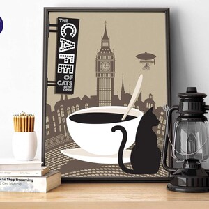 Le café des chats - Impressions A4/A3, carte de voeux, impression encadrée, livre, chats, affiche de café, café, impression rétro, design minimaliste, amateurs de livres