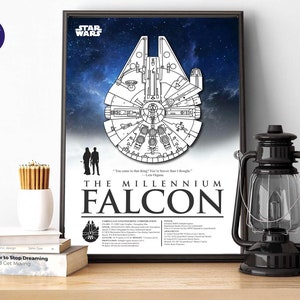 Może przedstawiać: Czarno-biały plakat z planem statku kosmicznego Millennium Falcon z Gwiezdnych Wojen. Plakat zawiera tekst "The Millennium Falcon" i cytat z filmu: "You came in that thing? You're braver than I thought." - Han Solo.