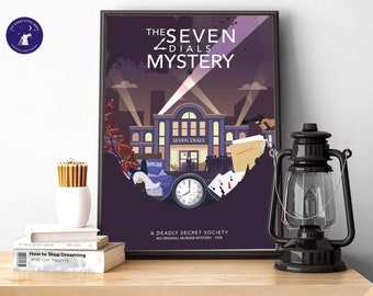 May include: A poster with a dark purple background featuring a building with the text "Seven Dials" above the entrance. The building is lit up with spotlights. The poster also features a clock, playing cards, and a gun. The text "The Seven Dials Mystery" is at the top of the poster. The text "A Deadly Secret Society" is at the bottom of the poster.