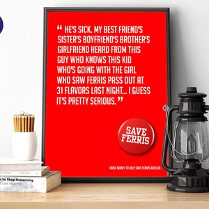 Inspiré de la fête de Ferris Bueller - Save Ferris - carte de voeux, impression A4/A3, cadre, cartes, rétablissement bientôt, film, citation de film, sauver Ferris