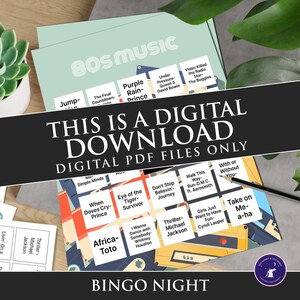 May include: A digital download bingo game featuring 80s music hits. The design includes song titles like "Thriller" and "Purple Rain." The text "This is a digital download" is prominently displayed. The game is designed for a "Bingo Night."