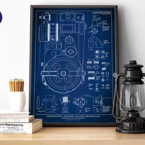 Ispirato a Ghostbusters - Stampa blu dello zaino protonico - Biglietti d'auguri, stampe A4, cornice, oggetti di scena, citazioni di film, Ray, Peter, Egon, Winston