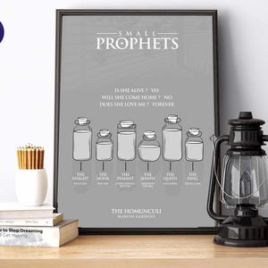 May include: A framed gray print with the text "SMALL PROPHETS" and questions like "IS SHE ALIVE? YES". Below are illustrations of jars labeled "THE KNIGHT" to "THE KING". A black lantern and pencils in a white vase are on a wooden surface.