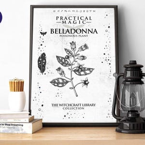 May include: A framed botanical print featuring a black and white illustration of a belladonna plant. The text reads Practical Magic, Belladonna Poisonous Plant, and The Witchcraft Library Collection, accompanied by small star and feather motifs.