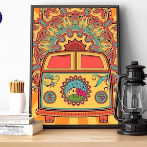 Póster retro - Woodstock Paz y Amor - Tarjetas de felicitación, impresiones, impresiones enmarcadas, tarjetas, arte mural, festival de música, VW Camper, Flower Power