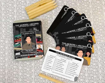 May include: A board game set titled "The Murder of Arconia" with cards, a board, and wooden game pieces. The game features character illustrations and a checklist for clues. The game box reads "Murder Board Box".