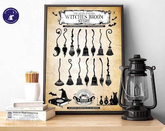 Tienda de Escobas de Bruja - Póster, Láminas A4, Impresión enmarcada, Decoración de Halloween, Tarjeta de felicitación, Magia, Brujas, Escoba Voladora, Salem, Gato Negro