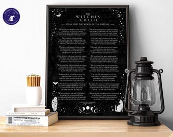 May include: Black and white printable wall art featuring a poem titled "The Witches Creed". The poem is written in a gothic font and includes the text "Hear now the words of the witches".