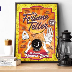 De waarzegster - poster, A4 A3-print, ingelijste print, wenskaart, tarot, ouija, handlezen, kristallen bol, helderziende, seance, Halloween