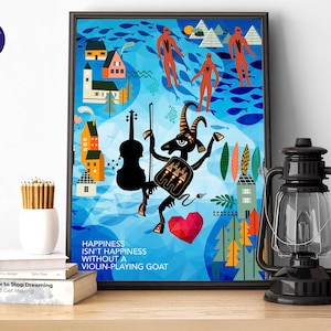 Le bonheur n'est pas le bonheur sans une chèvre qui joue du violon - Notting Hill, cartes de voeux, affiche A4/A3, encadré, oeuvre d'art, film, La Mariee, Chagall