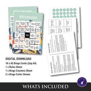 May include: A digital download of 80s music-themed bingo game. The set includes 16 A5 bingo cards, a rules sheet, a bingo counters sheet, and two bingo caller sheets. The bingo cards feature song titles from the 1980s.