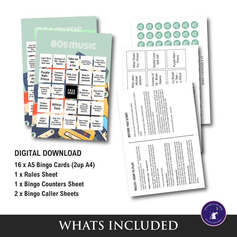 May include: A digital download of 80s music-themed bingo game. The set includes 16 A5 bingo cards, a rules sheet, a bingo counters sheet, and two bingo caller sheets. The bingo cards feature song titles from the 1980s.
