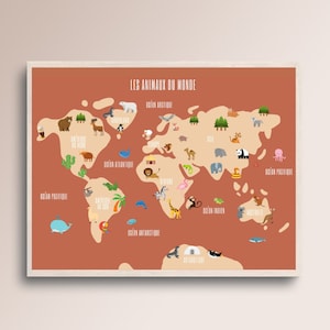 Ma grande carte du monde des animaux pour les enfants - Affiche carte du monde enfant - Affiche animaux du monde - Terracotta - Déco enfant