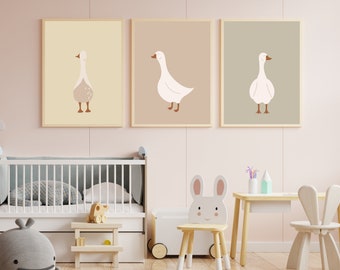 Trio d'affiches "les trois oies" pour décorer la chambre de bébé - Affiche déco animaux - Tons pastel - Affiche design enfant