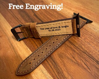 Apple Watch Band, Leather Watch band, iwatch band, Free Message Engraving, Handmade, 38mm 41mm 40mm 42mm 44mm 45mm Apple Watch strap