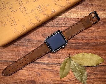 Brown Leather Apple Watch Band for Series 9 8 7 6 5 4 3 2 1 in 38mm, 40mm, 41mm, 42mm, 44mm and 45mm | Free Engraving