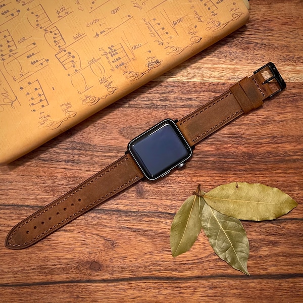 Genuine Brown Leather Apple Watch Band for Series 9 8 7 6 5 4 3 2 1 in 38mm, 40mm, 41mm, 42mm, 44mm and 45mm | Free Engraving