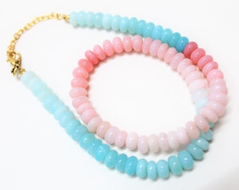 Beautiful Pink & Sky Blue opal Gemstone rondelle Beads Necklace, 7mm-9mm Pink sky Blue Semi Precious Handmade Gemstone necklace jewelry Gift