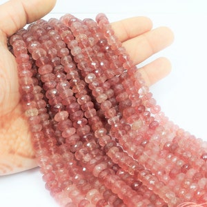 Natural Pink Strawberry Quartz Faceted Rondelle shape Beads, 7-9mm AAA Quality Pink Strawberry Hand Cut Gemstone beads, Jewelry making craft