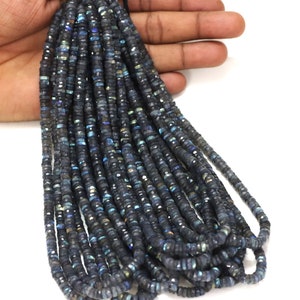 AAA Faceted Labradorite Heishi Beads: Black Rainbow Gemstone, 15&quot; Strand