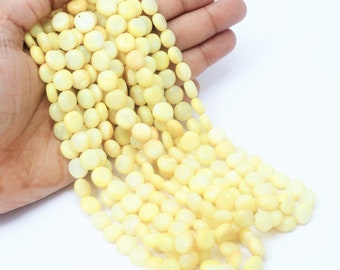 May include: A strand of pale yellow round shell beads. The beads are smooth and have a slightly iridescent finish.