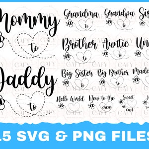 Baby Bee SVG Bundle Archivo de corte embarazada Maternidad Mamá Papá Hermano Hermana Anuncio de nacimiento Género revelar Silueta Cricut Vinilo Vivero