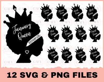 Birthday Month Queens SVG Bundle, Afro Birthday Queen svg, Afro Girl SVG, Afro Birthday Girls, Black Birthday Queen SVG, Cut file for Cricut