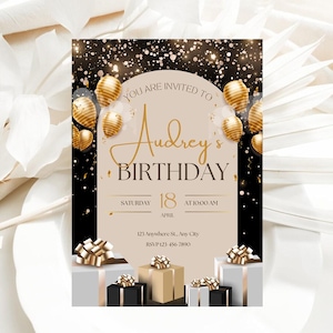 Editable Black and Gold Birthday Invitation, Let's Party Gold Balloons Invite, Printable