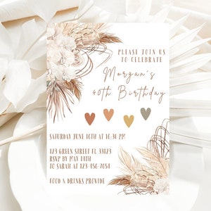 Boho Electronic Birthday Invitation Template Editable Digital Download, Pampas Grass Birthday Evite Any Age, Bohemian Party Text Invitation