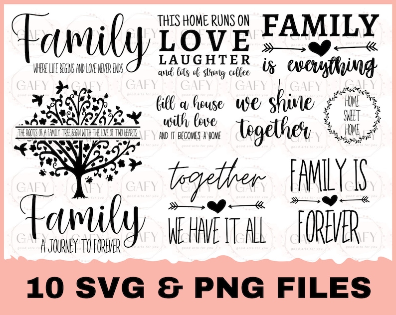 K&ouml;nnte beinhalten: Eine Sammlung von schwarz-wei&szlig;en SVG- und PNG-Dateien zum Thema Familie. Die Designs enthalten S&auml;tze wie "Family is Forever", "Home Sweet Home" und "Love is Everything". Eine Baumgrafik und Herzakzente sind ebenfalls enthalten.